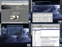 Look ma ! I am blue :) Its been a long time since my last shot and the
reason is that I am using an 800x600 laptop and I hate taking shots at low
resolution, I remembered the merge utility that I have though in
Imlib2::Perl bindings so I used it to make a composite of my 4 E desktops.
What you see here is a launcher (also available in Imlib2::Perl package in
cvs Enlightenment) I should release that soon, BlueHeart E theme, Eazel-Blue
Gtk+ theme, Pronto, SkipStone and GKrellM dressed in BlueHeart skin also.

